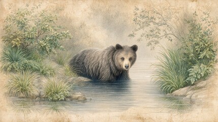 Brown Bear in a Tranquil Forest Stream
