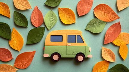 cute paper cutout autumn van flat craft easy 2d paper craft project for little kids - vacation background