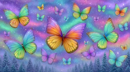 Colorful Butterflies Flying in a Sparkling Aurora Borealis Night Sky