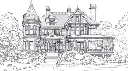 Detailed line art of a large house with trees; for coloring book use
