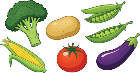 Vibrant assortment of fresh vegetables including broccoli, corn, potato, peas, eggplant, and tomato, perfect for healthy eating campaigns and culinary projects