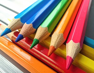 Naklejka premium Rainbow of colored pencils stacked in close-up