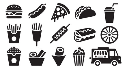 Black Silhouette Icons of Fast Food and Street Food — Burger, Pizza, Taco, Fries