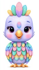 Pastel Glitter Bird Illustration Whimsical Rainbow Feathers, Large Eyes