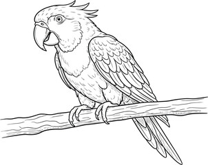 Detailed line art of a cockatoo perched on a branch, perfect for coloring books, educational resources, or unique design projects, offering a touch of nature