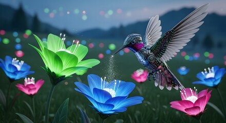 Magical fantasy artwork featuring a hummingbird hovering near luminous flowers in vibrant colors. A blend of realism and imagination ideal for digital art collections and wall decor.