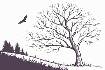 Seagull on Grassy Hill with Flying Birds Vector Outline - Monochrome Graphic