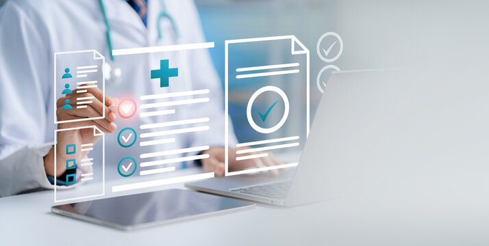 Online medical checklist concept. Doctor doing online checklist document, smart healthcare. physician assessment expert checks patient care quality, hospital assessment of treatment. checkup.