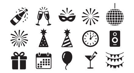 Black Silhouette Icons of Party and Celebration Items — Champagne, Mask, Disco Ball
