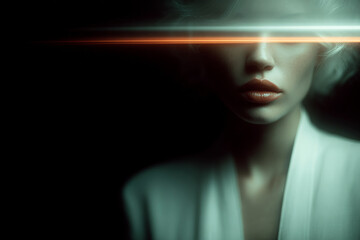 Woman's futuristic face with glowing light beam across eyes