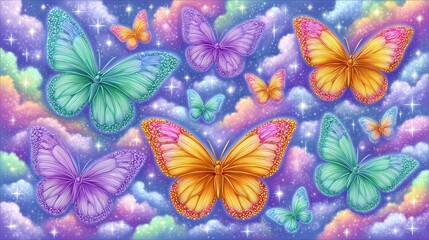 Whimsical Glitter Butterflies in Pastel Sky