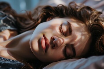 Naklejka premium Portrait of a beautiful young woman enjoying a peaceful sleep, sunlight filtering through the window onto her face