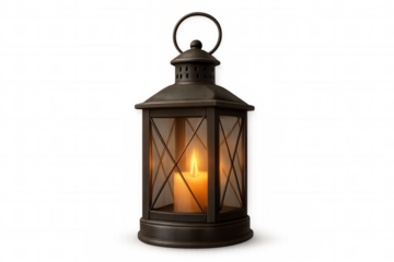 Vintage metal lantern holding glowing wax candle, creating warm light, isolated on transparent background, symbolizing hope