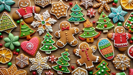 Photo of a festive overhead view of assorted christmas gingerbread cookies, including gingerbread men, trees, and snowflakes, arranged on a rustic wooden surface