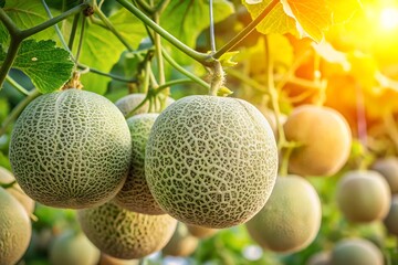 Bunch of green melons hanging from a tree
