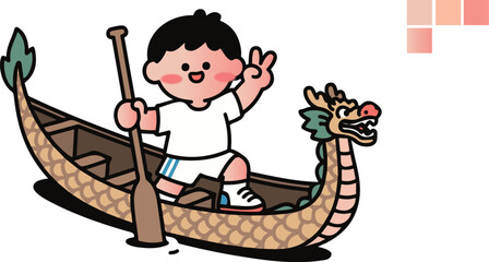 The boy rowing a dragon boat in Cartoon China