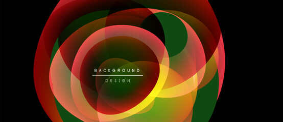 Fototapeta premium Abstract colorful layers create dynamic circular design. Bright hues blend, forming modern background element. Text reads background design.