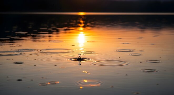 Golden hour water drop creating ripples reflection