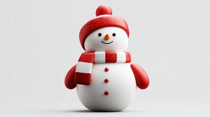 A cheerful snowman with a red hat and scarf stands against a plain background. The snowman has a round body and a friendly smile.