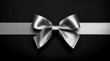 A silver bow on a black textured background. The bow is elegantly tied, creating a sophisticated appearance. Ideal for gift wrapping or decoration.