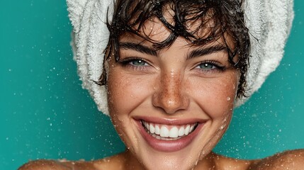 Smiling young Caucasian woman with short dark hair and a towel on her head. Water droplets on her skin. Bright turquoise background.