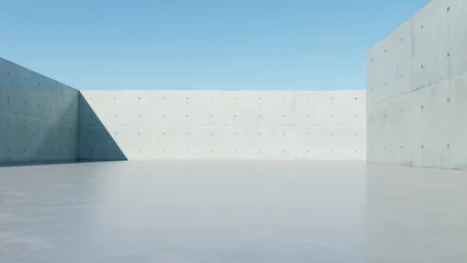 Fotobehang Blauw 3d render of abstract modern concrete architecture background, Minimal geometry architectural design, Car presentation backdrop with empty concrete floor, Geometric white blocks building design  © nuchao