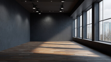 Empty Dark Gray Room with Wooden Floor and Natural Window Light
