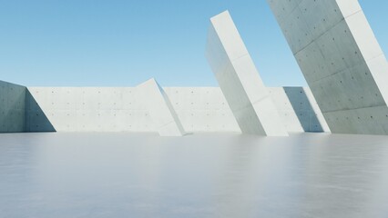 3d render of abstract modern concrete architecture background, Minimal geometry architectural design, Car presentation backdrop with empty concrete floor, Geometric white blocks building design