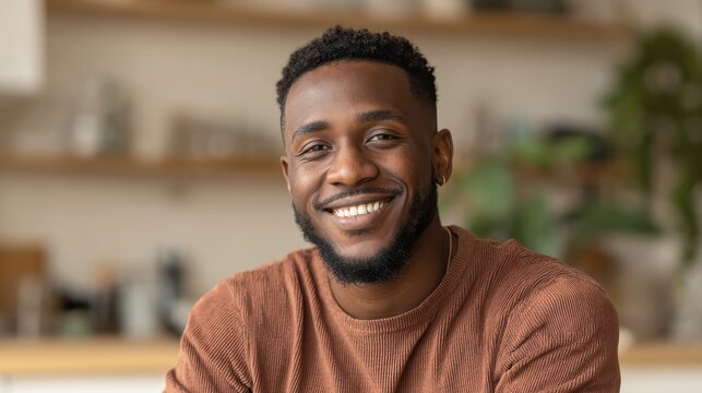 smiling cheerful young adult african american ethnicity man looking at camera standing at home office background happy confident black guy posing for headshot face front close up portrait no logos no