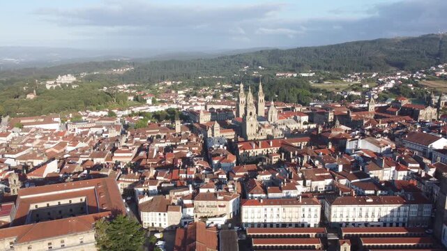 Aerial View of Santiago de Compostella early morining, Spain. Cathedral and Old Town of the City at first sunlight