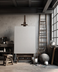 Art Studio with Blank Canvas and Painting Tools in Natural Light