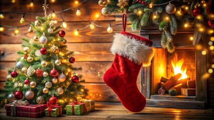 Photo of a festive christmas tree with ornaments and lights stands next to a fireplace with a red stocking hanging, creating a cozy holiday scene
