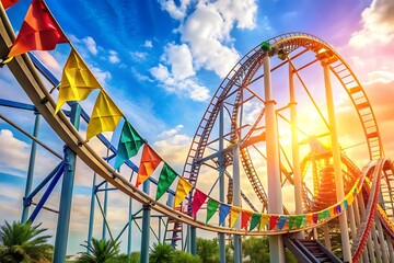 Fototapeta premium Roller coaster with colorful flags hanging from the track