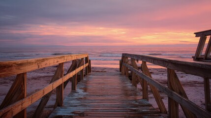 Fototapeta premium boardwalk on beach at sunrise no logos no brands ar 169