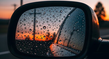 Raindrops on Car Mirror Sunset Reflection