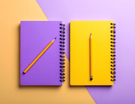 Two notebooks, pencils on colored background, overhead shot