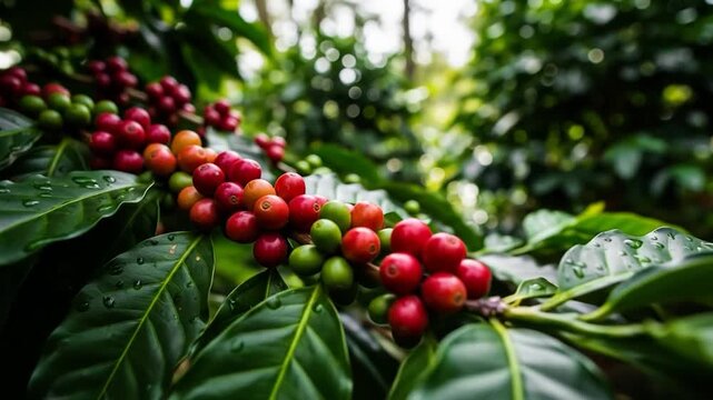 Close-up of ripening coffee cherries on branches of coffee plant