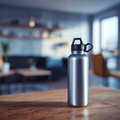 Silver Stainless Steel Water Bottle on Wooden Table in Modern Living Room