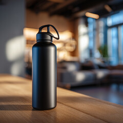 Black Sports Water Bottle on Wooden Table in Modern Room
