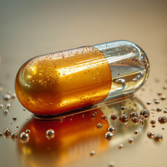 Amber Transparent Capsule with Water Droplets – Future Medicine Innovation Concept