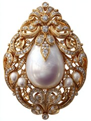 ornate antique pearl and diamond brooch isolated on transparent background