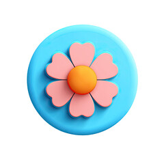 A stylized, five-petaled pink flower with an orange center, rests on a light-blue circular background, rendered in a 3D, glossy style