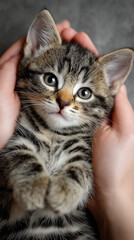 Hands Gently Holding a Gray Tabby Kitten
