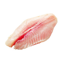 A single, pale pink fish fillet, skinless and boneless, is presented against a black background, showcasing its delicate texture and clean appearance