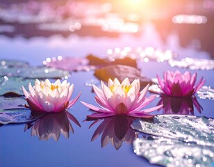 Three lotus flowers float on water with sunlit reflections