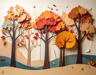 Autumn paper trees; orange, beige, red, green on white