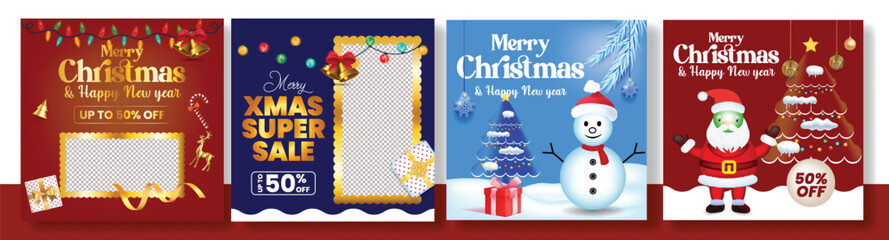 Minimal Christmas and Happy New Year Square Flyer, Poster, and Social Media Template Design Bundle for Festive Holiday Celebration, Sale Promotion, and Elegant Vector template design