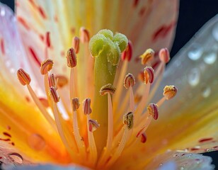 Macro of a flower interior, vibrant colors, water droplets