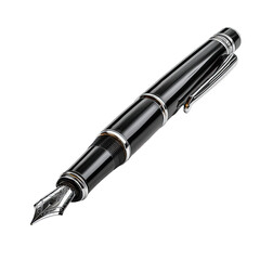 Sleek black fountain pen with silver accents, featuring a smooth, polished barrel and fine nib