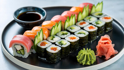 Vibrant assortment of fresh sushi rolls and nigiri artfully arranged with soy sauce wasabi and pickled ginger